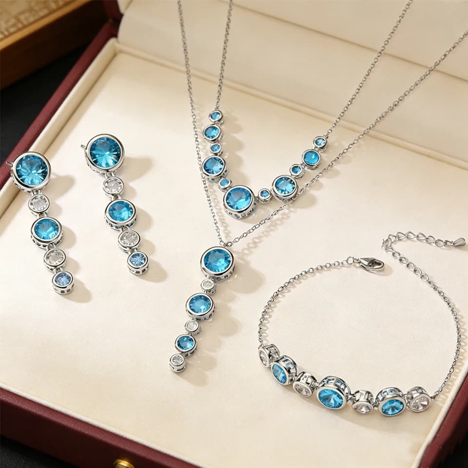 ZAKOL 4 pezzi eleganti gioielli in cristallo blu cielo con collana/orecchini/bracciale per donna, gioielli per feste di matrimonio