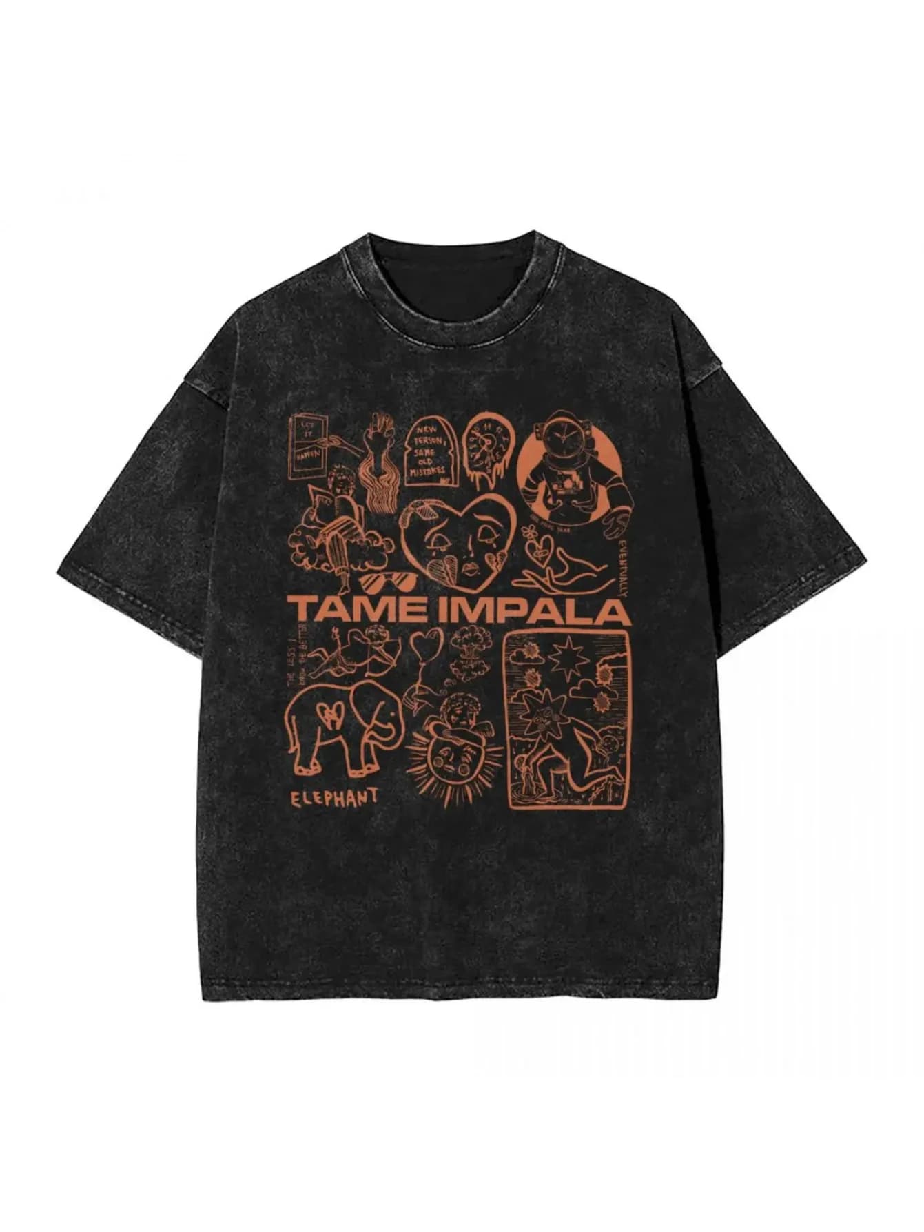 T-shirt vintage Tame Impala effetto lavato, in cotone stampato, comoda per l'estate, stile Harajuku, oversize