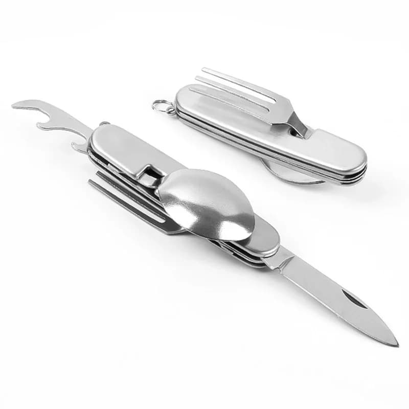 Set di stoviglie da campeggio Forchetta pieghevole in acciaio inossidabile Cucchiaio Coltello Apribottiglie Stoviglie rimovibili Utente da cucina da viaggio portatile
