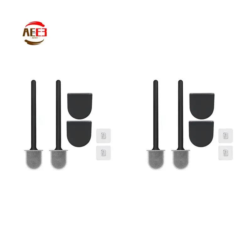 AEE3-Premium Set di Spazzole e Portaspazzole per WC, Confezione da 4, Montaggio a Parete (Senza Foratura), Spazzola per WC in Silicone per Pulizia Profonda, Nera