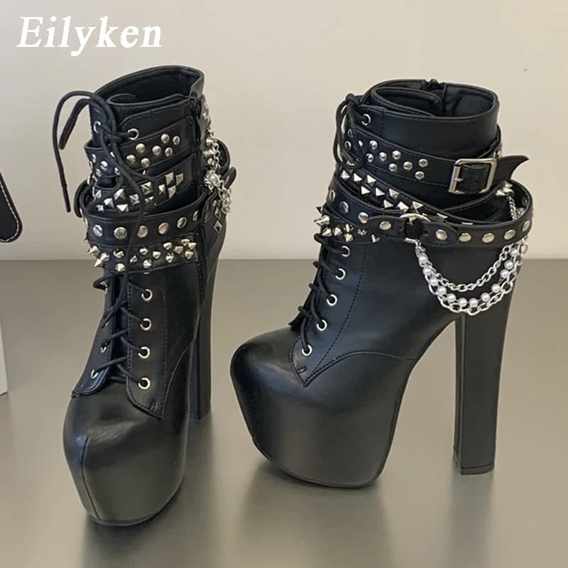 Eilyken Silver Chain Belt Buckle Platform Women Boots Fashion Chunky High Heels Round Toe Nightclub Zipper Shoes