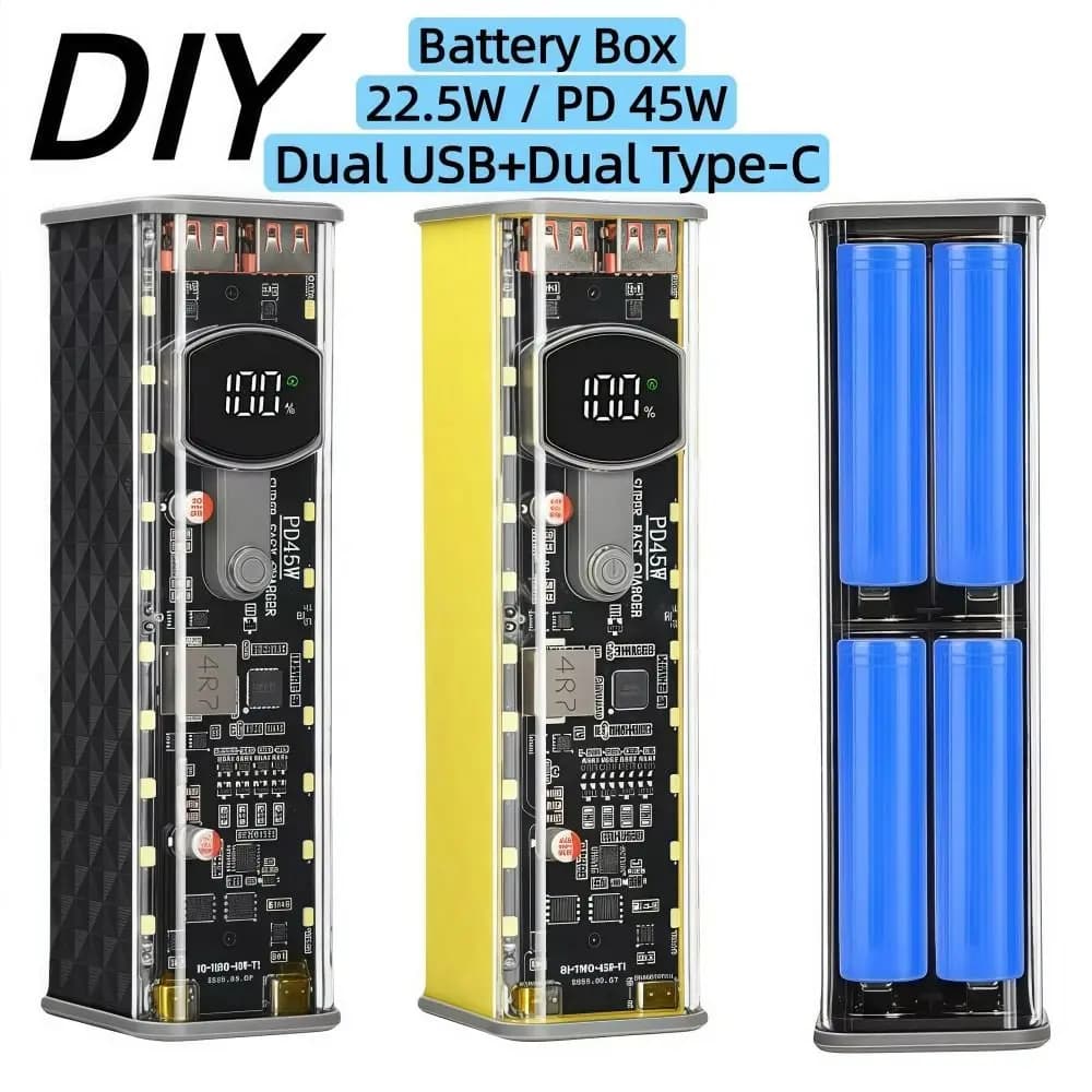 PD 22.5W 45w 8x18650 Power Bank Case Fast Charging LED Screen Battery Storage Box USB+Type-C Port Transparent DIY Battery Box