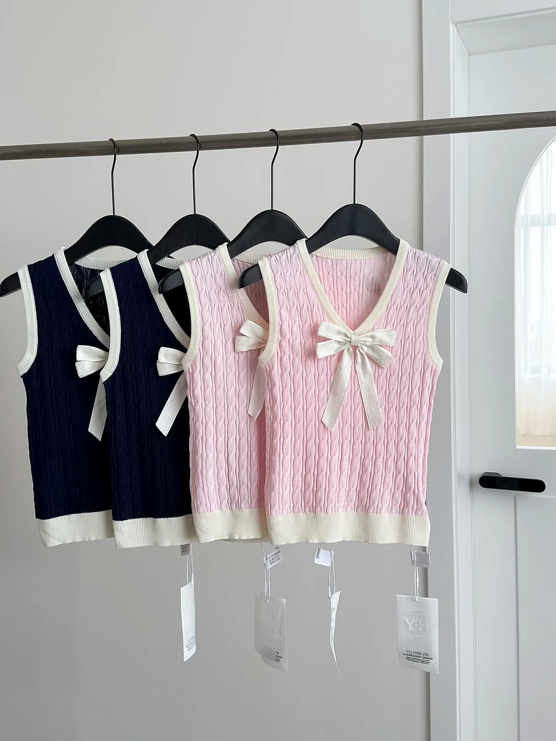 Gilet in Lana Senza Maniche con Fiocco per Donna, Maglione Rosa, Canotta Coreana alla Moda, Top Casual Dolce con Scollo a V, Pullover Lavorato a Maglia