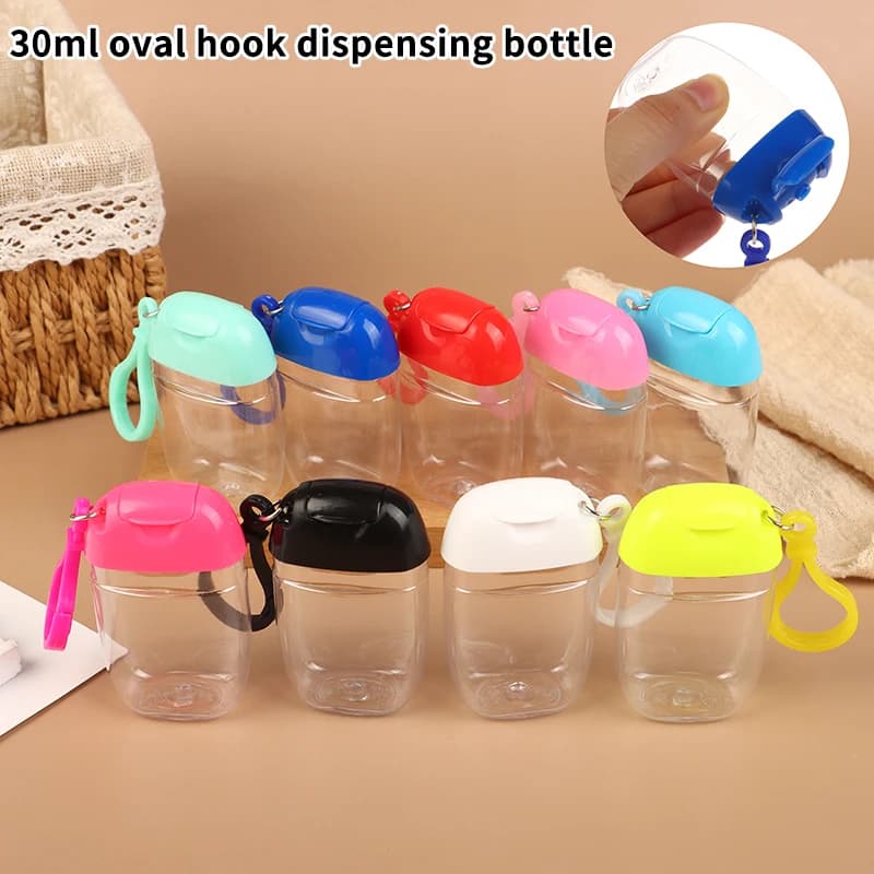 Flacone dosatore ovale da 30 ml con gancio, portatile, vuoto, ricaricabile, per disinfettante mani, alcol, cosmetici, mini dispenser sapone