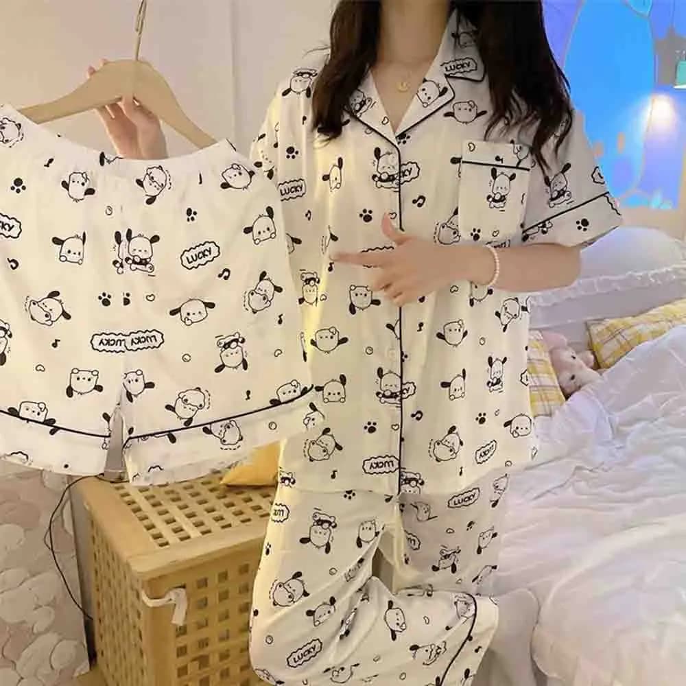 Cute Pochacco Cartoon Women's Three Piece Spring Home Outfit Kawaii Anime Comfortable and Fashionable Summer Ice Silk Pajamas