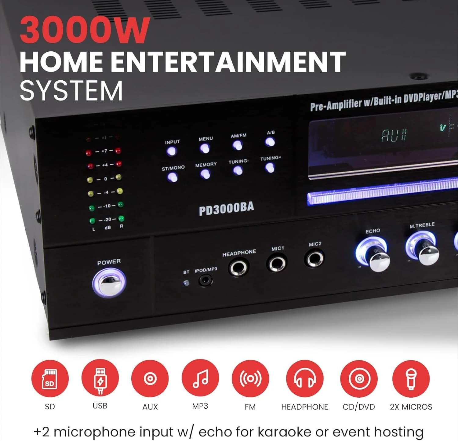 Ricevitore amplificatore Bluetooth Home Theater a 4 canali: altoparlante stereo da 3.000 Watt, ricevitore audio domestico con radio, USB, 2 microfoni