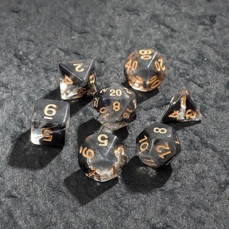 7Pcs Polyhedral Dice Set Translucent Black Smoke Swirl Resin Dice With Gold Numbers For Dnd Rpg Mtg Table Board Games Role