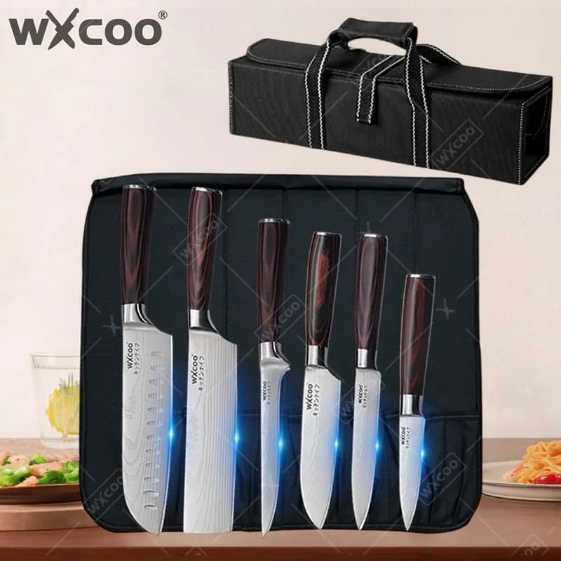 WXCOO Set di Coltelli da Cucina in Acciaio Damascato, Coltello per Filettare Pesce, Coltello Multiuso per Frutta, Coltello Santoku Giapponese con Borsa Arrotolabile