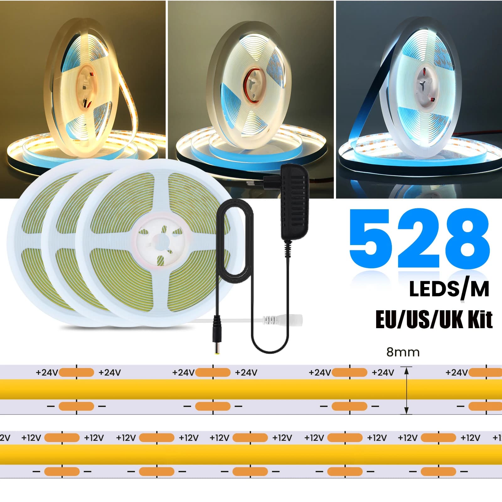 DC 12V 24V 528Leds/M Strip COB EU Kit USA With Power Adapter Warm/Natural Hydraulic IP20 Flexible Tape Corda HAS CONDOTTO LA Luce 0.5M 5M 10M