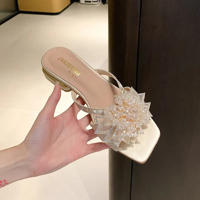 Scarpe da Donna alla Moda, Sandali con Tacco Basso e Fiori in Strass, Eleganti Scarpe Casual da Designer, Zapatos Mujer