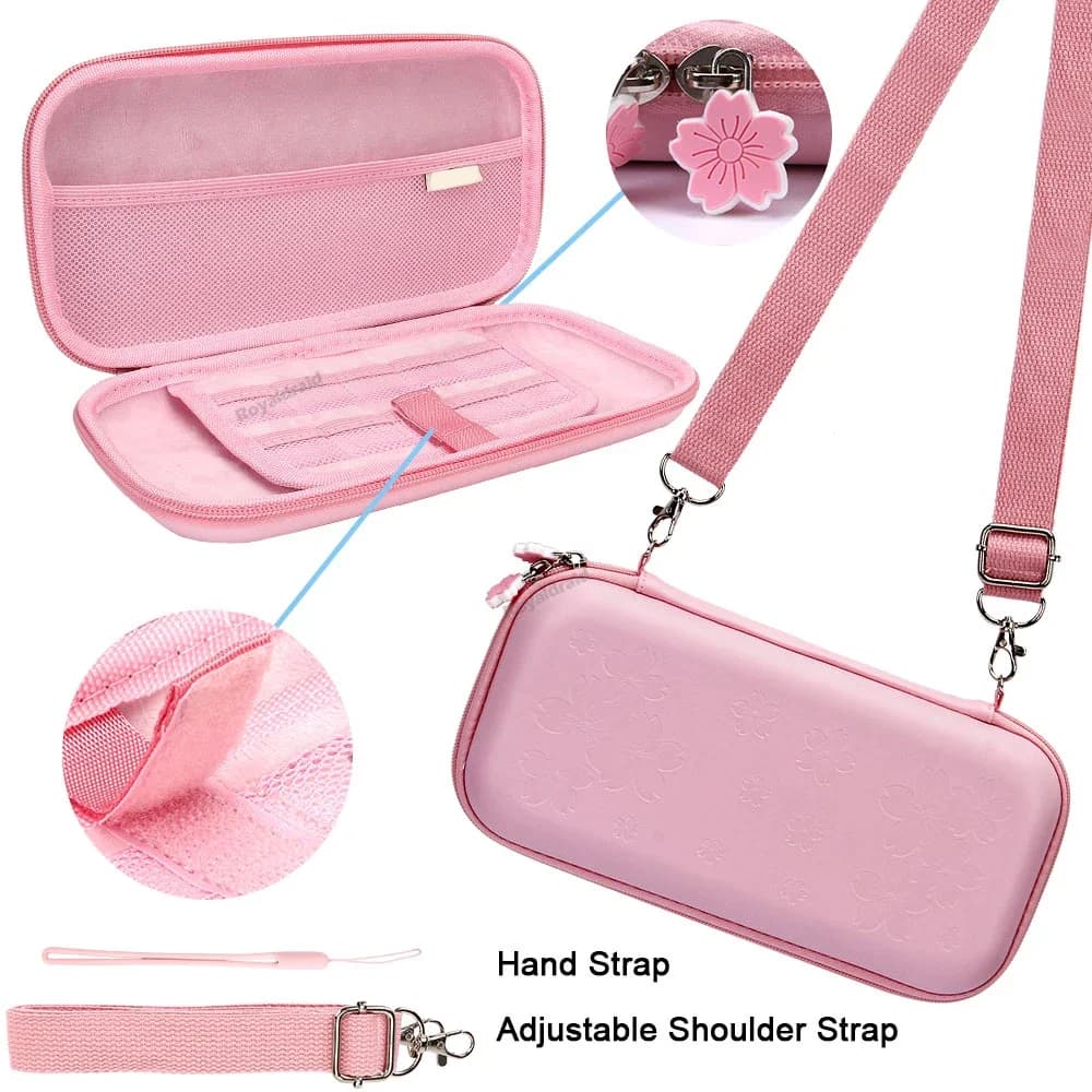 Sakura Pink PU Portable Transport Bag for OLED Switch, PU Waterproof Case, Travel Case for Switch
