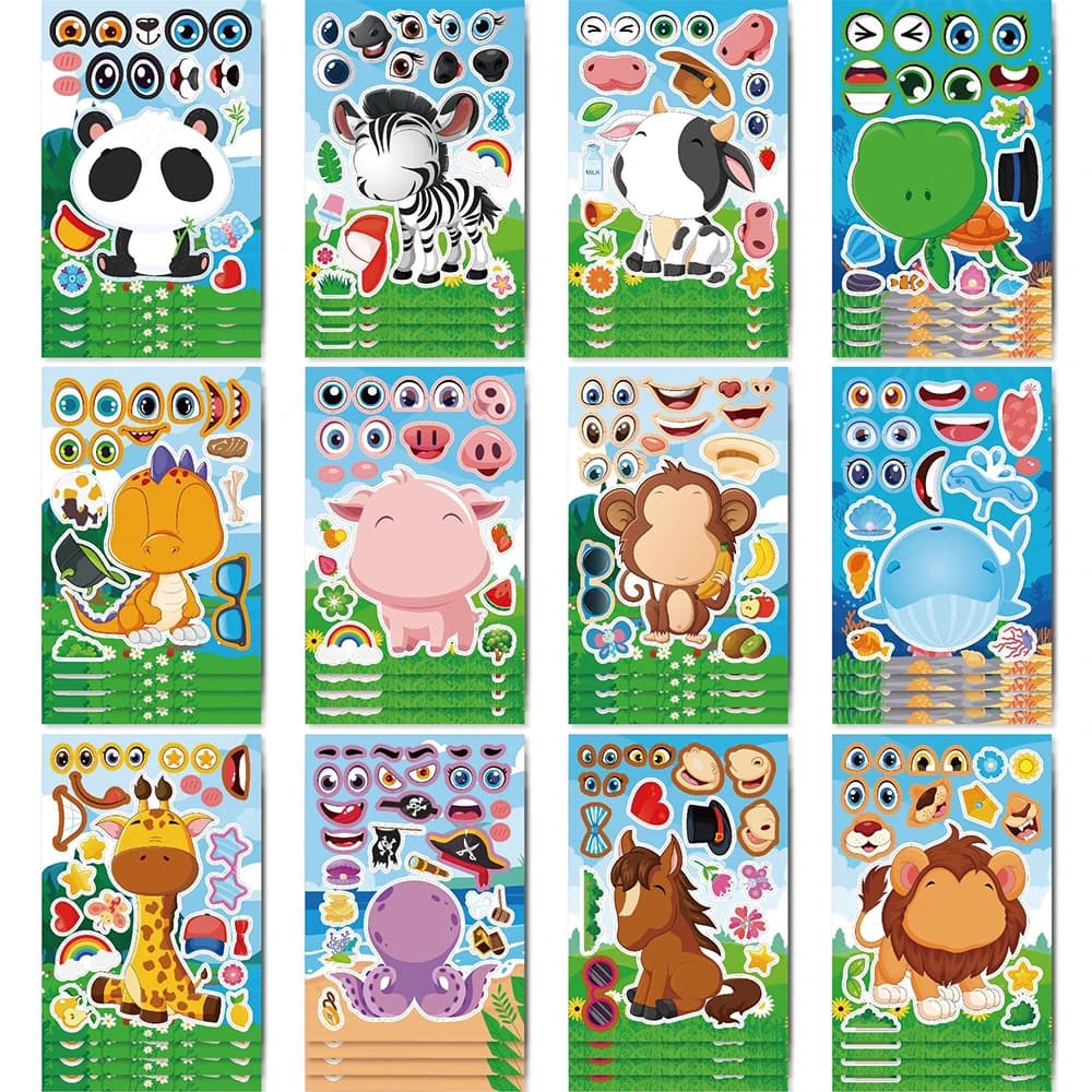 6/12 Fogli di Adesivi Divertenti Kawaii con Animali Cartoon, Gioco Puzzle, Decalcomanie Carine per Creare un'Espressione, Giocattoli Fai-da-Te per Notebook