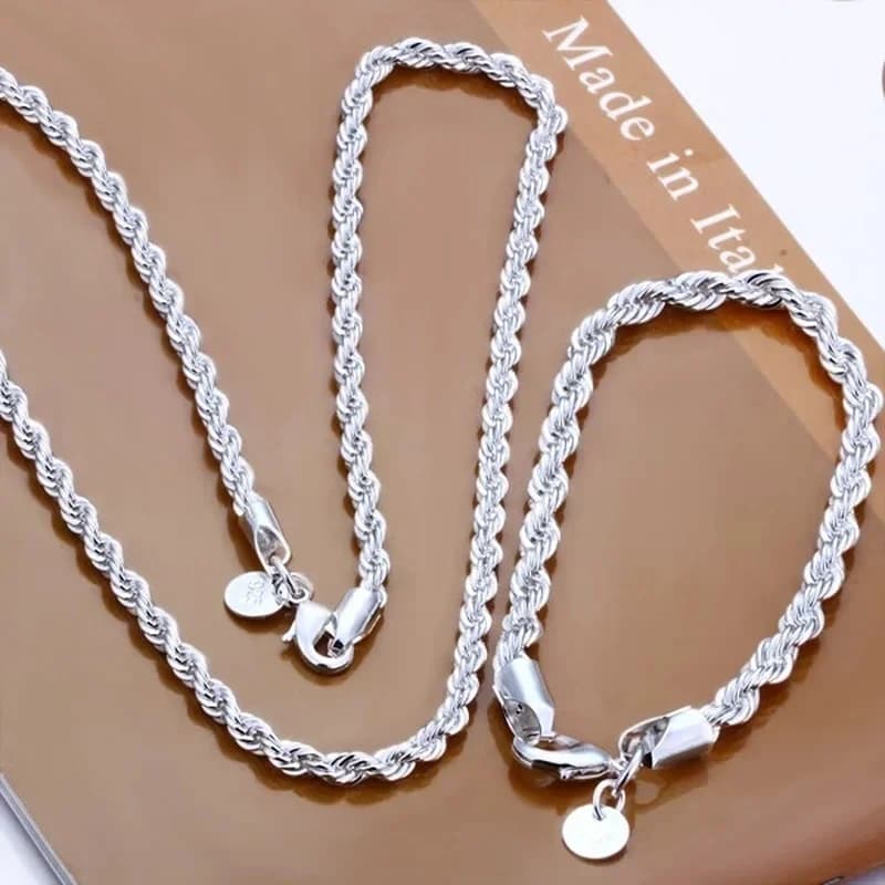 High Quality Fine 925 Sterling Silver Necklace Bracelets Set 4MM Women Men Chain Male Twisted Rope Fashion Jewelry