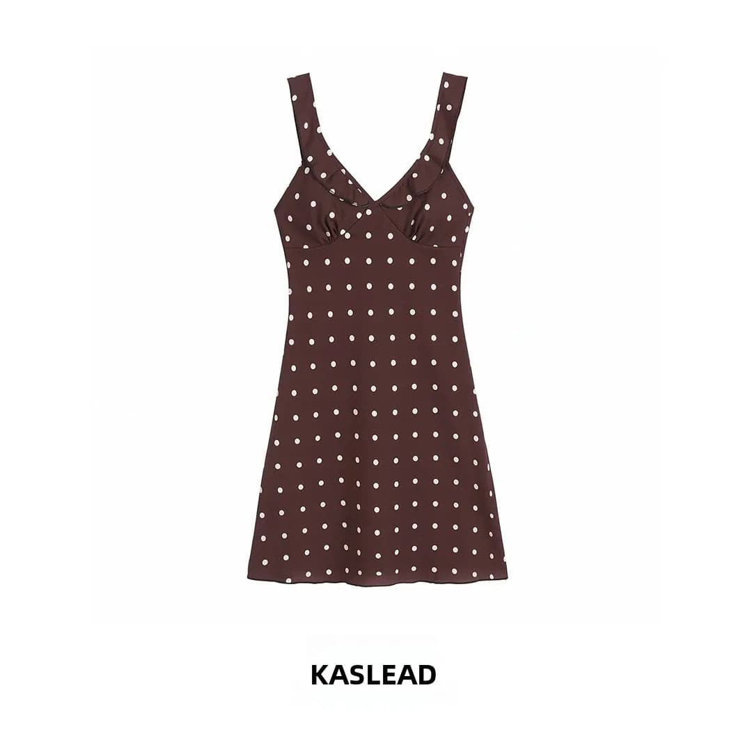 KASLEAD New Fashionable Coffee Polka Dot V-neck Halter Dress Women's A-line Skirt Polyester Fiber City Commute Dress