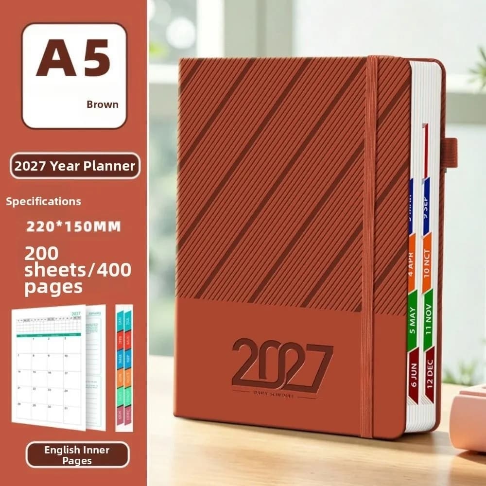 English 2027 Schedule Planner Notepad 12 Months Efficiency A5 Agenda Planning Notebook Leather Cover Portable