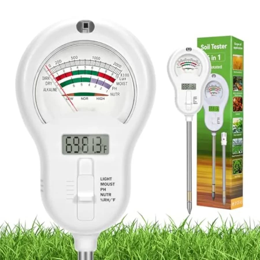 6-in-one Soil Test Kit-Soil Moisture Meter/PH Meter/Fertility/Sunlight Intensity Soil Tester, LCD Air HygrometerandTemperature