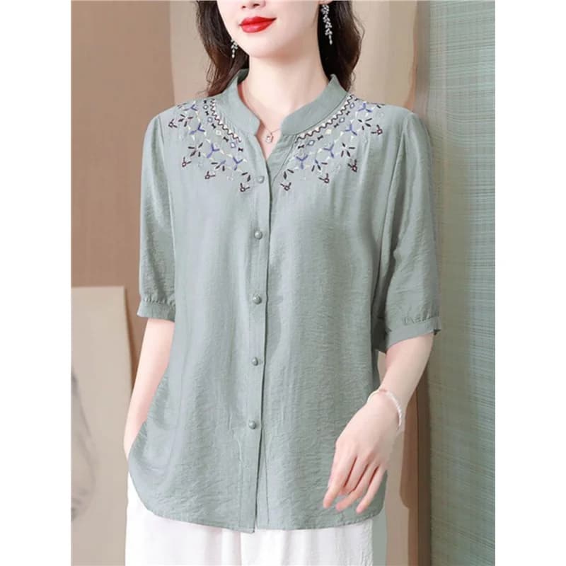 Elegante Camicia Ricamata in Cotone e Lino da Donna, Nuova Moda Estiva 2025, Stile a Maniche Sette, Top Stile Mamma che Nasconde le Forme