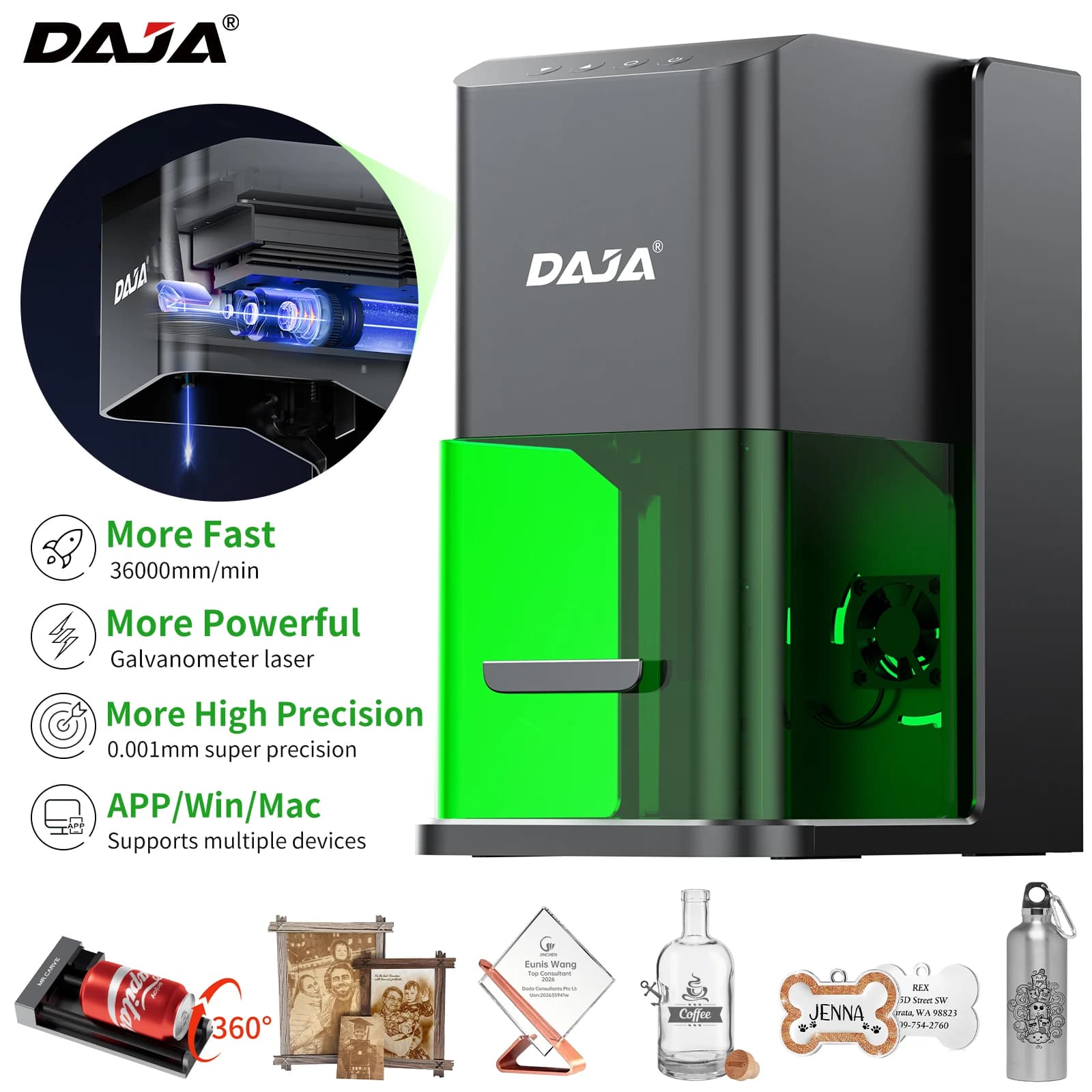 Laser Engraver DAJA C1 Ultra Based on Fastest Galvanometer and Powerful Mini for Stainless Steel Wood Metal Painted Acrylic Glass Paper