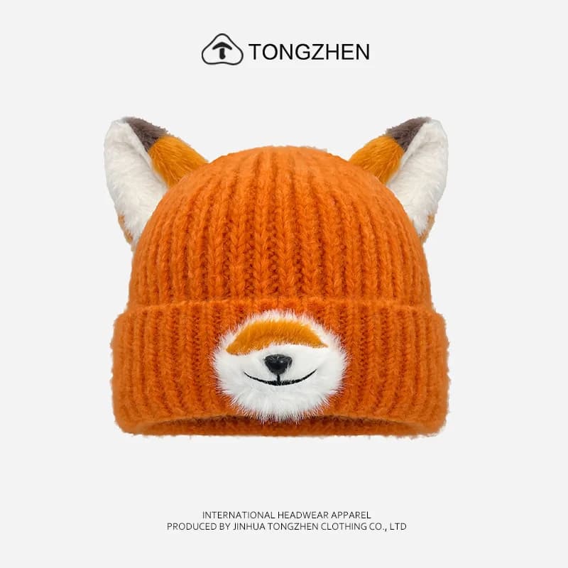 Kawaii Cartoon Fox Animation Cappello a cuffia lavorato a maglia Coppia Autunno Inverno Addensare caldo cotone foderato Cofani Skullies Cappelli