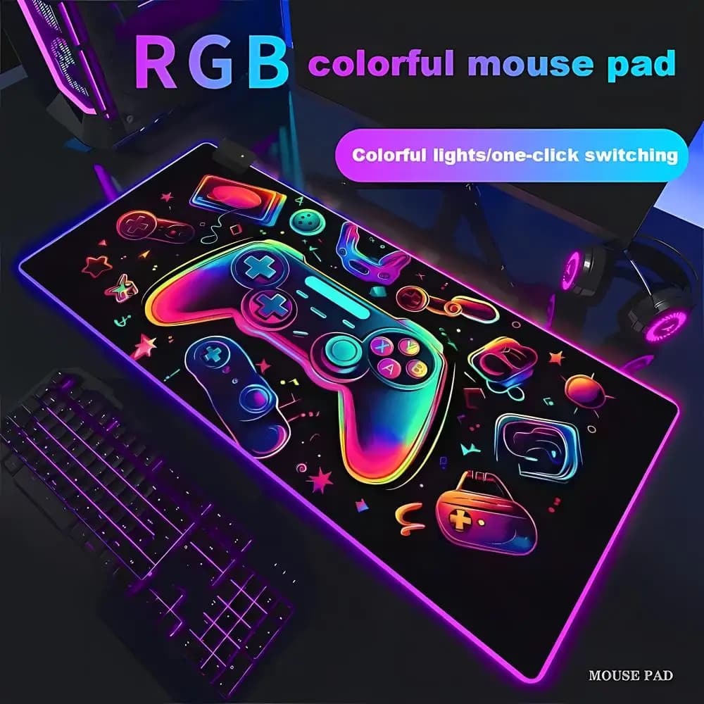 Tappetino per mouse XXL RGB HYBXAXC con motivo gamepad, tappetino da gioco HD con LED, accessori per gamer, tappeto grande per PC con retroilluminazione