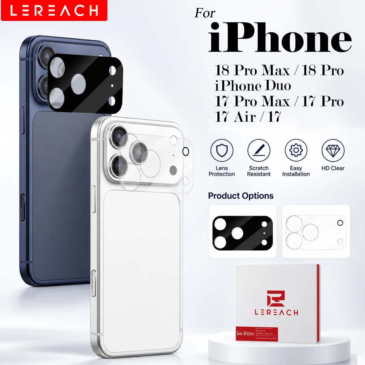 Lereach per iPhone 17 Pro Max 17 Pro 17 Air Protezione Lente Fotocamera in Vetro Temperato Antigraffio Alta Trasparenza