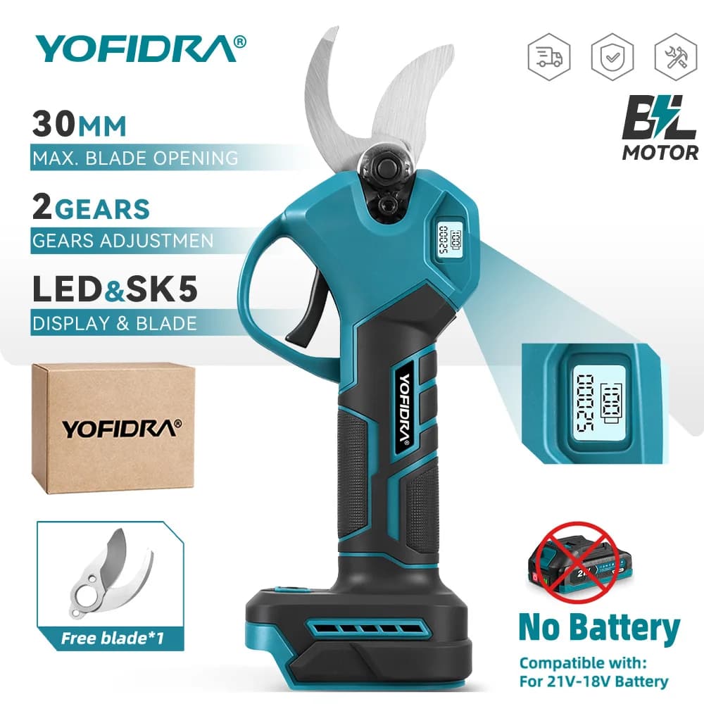YOFIDRA 30mm 2 Marce Brushless Electric Scissors Cordless Potential Cemetery Potatura Rami di Albero Taglierina Per Makita 18V Battery Spille