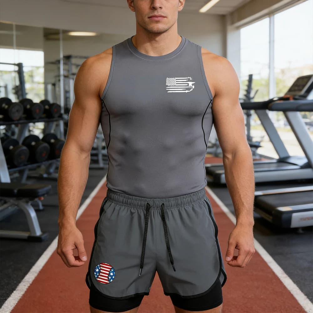 Set da 2 Pezzi per Uomo ad Asciugatura Rapida: Maglia Senza Maniche Compressiva e Pantaloncini da Corsa con Stampa Grafica della Bandiera, Attrezzatura per Palestra e Atletica