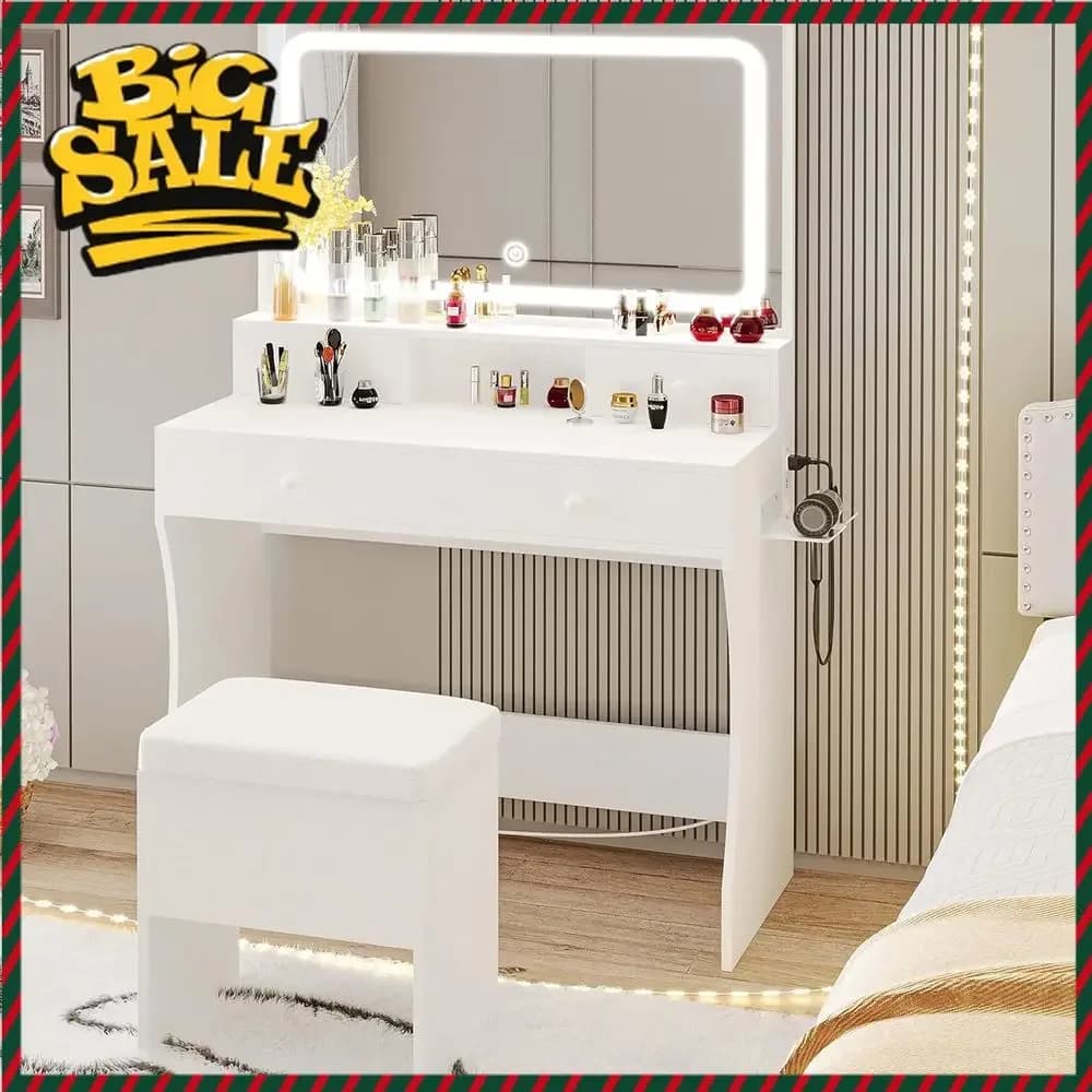 Bestseller: Tavolo da Trucco con Specchio LED, Presa di Corrente, Sgabello Contenitore e Supporto per Asciugacapelli, Set da Trucco Bianco