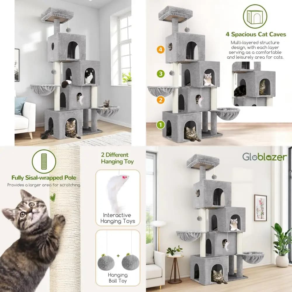 Albero per Gatti a 70 Livelli con 4 Cuccette, 3 Tiragraffi, 2 Cesti, Soggiorno per Gatti in Peluche, Grigio Chiaro