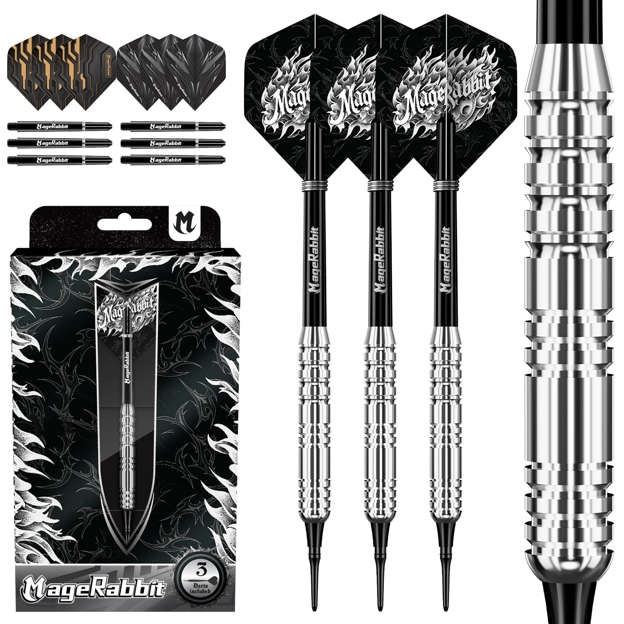 MageRabbit High-End Stainless Steel Darts Set - 3 X 23g Barrels, 2 Sets of Ribbon Flights, Stems - Soft/Steel Tip Option