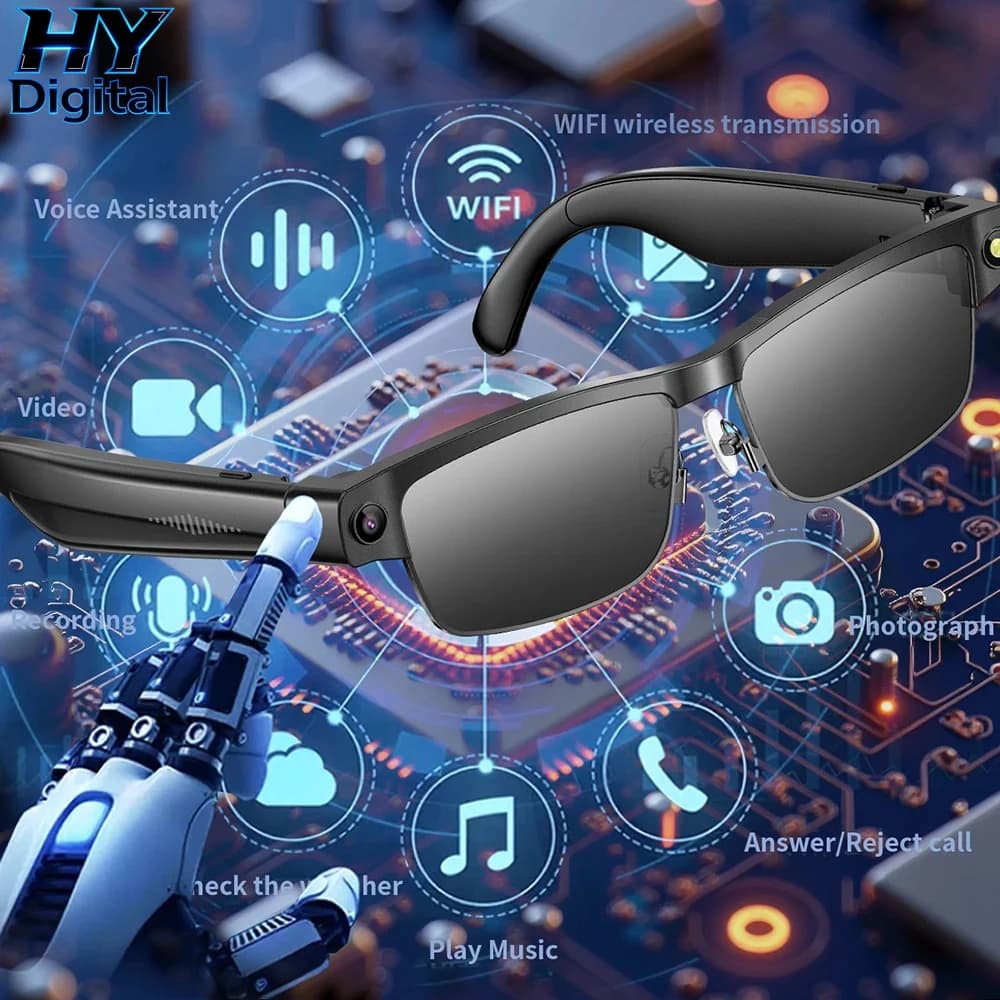 HY Digital AI Smart Glasses with 8MP HD Camera, Photo and Video Recording, Bluetooth Calls, Translation, Vocal Assistant, Music, Male Sunglasses