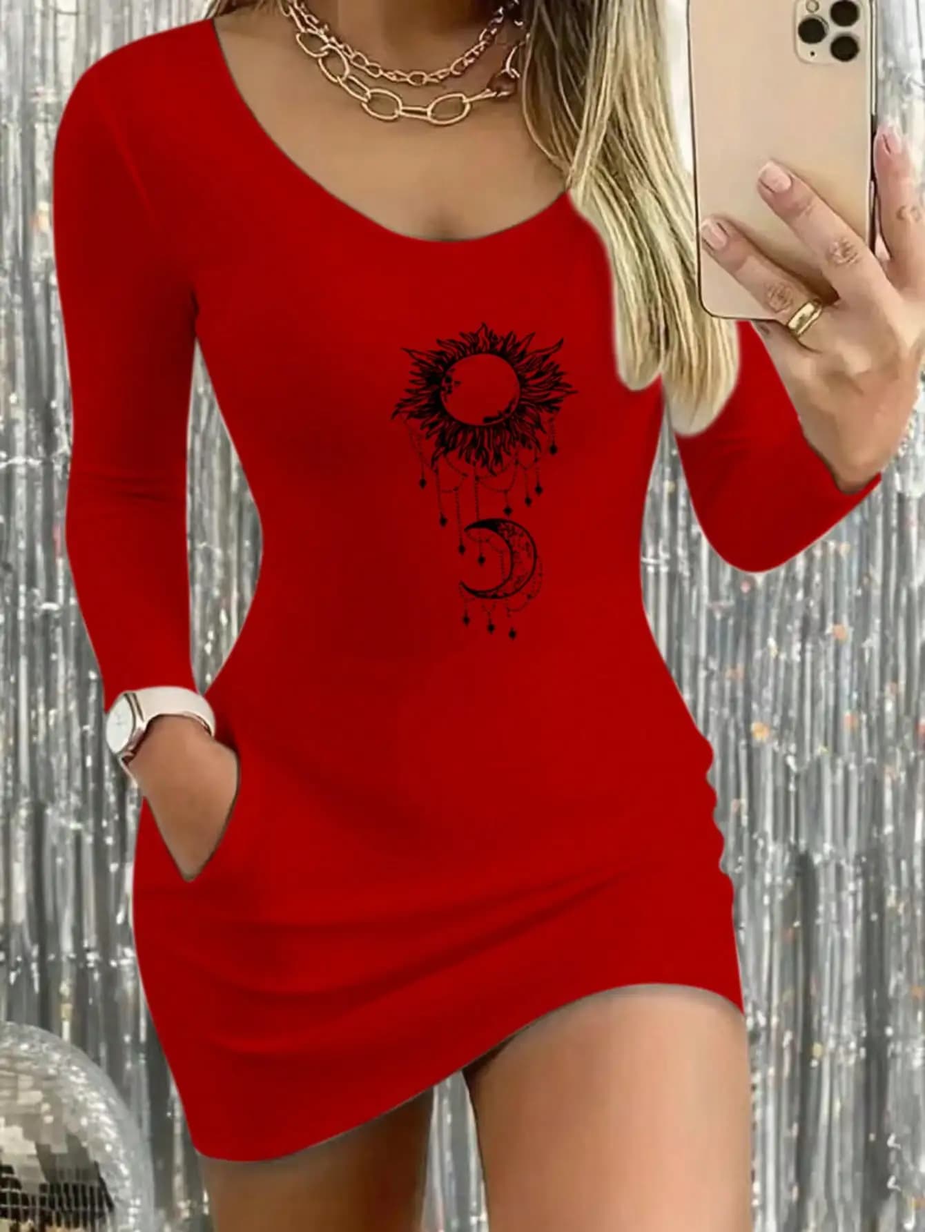 2026 casual sexy women's sun and moon pattern printed round neck comfortable solid color tight long sleeved dress short skirt
