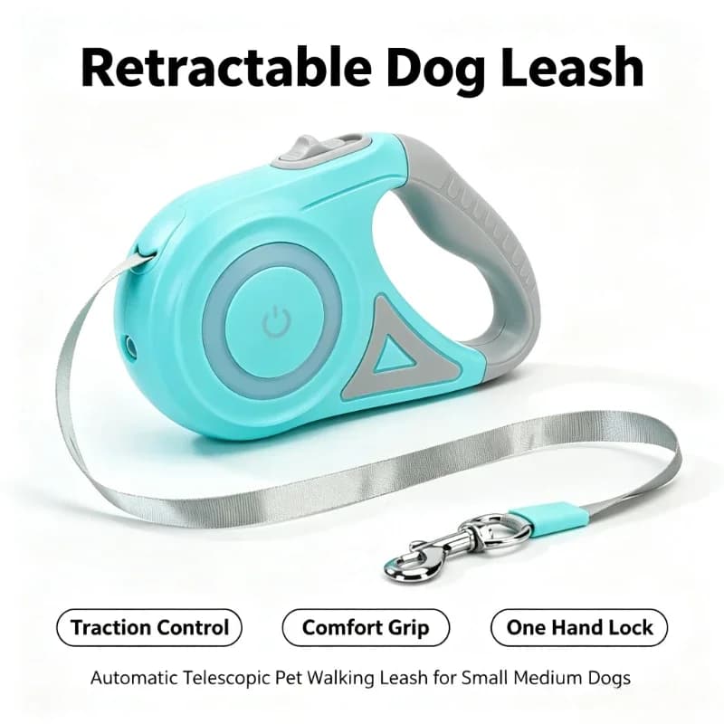 Automatic Extending Retractable Dog Leash with LED Streamer Light Durable Nylon Pet Traction Lead Anti‑Slip Handle Safety