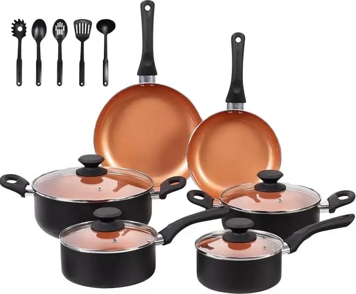 Set di Pentole e Padelle in Ceramica, 15 Pezzi, Set di Pentole Antiaderenti, Set di Padelle con Coperchi in Vetro, Adatte al Forno, Senza PFOS/PFOA