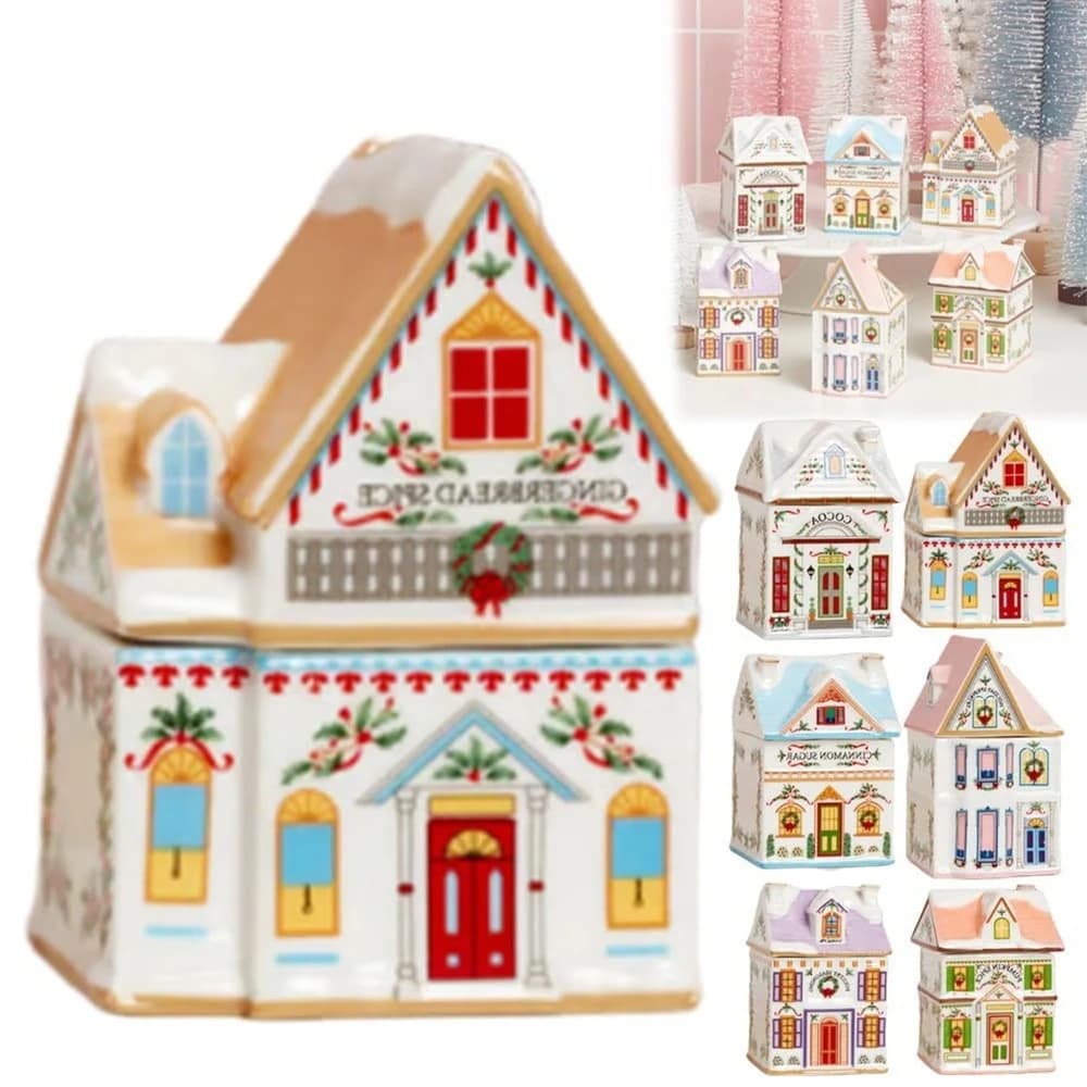 Holiday Village Spice House Set Mini Christmas Gingerbread Houses Jars Festive Decor Kitchen Countertop Christmas