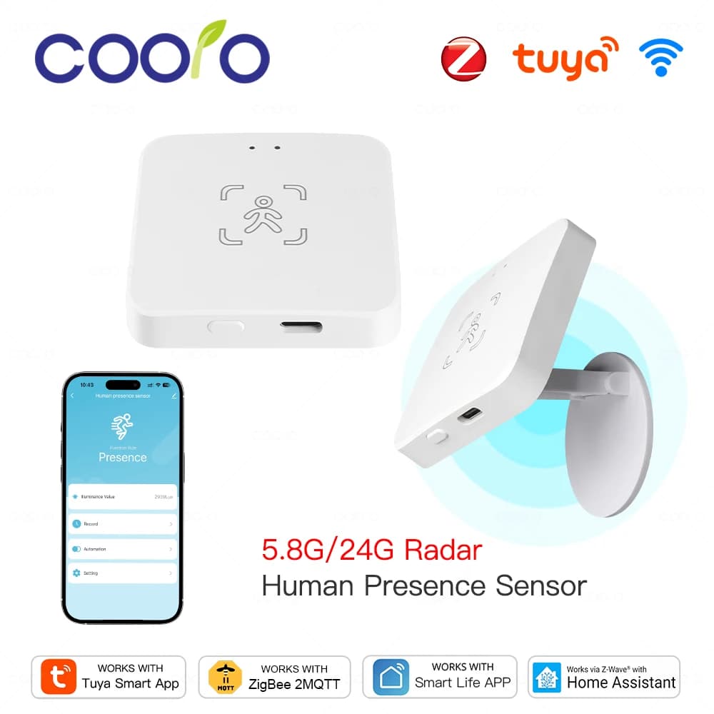 Tuya WiFi/Zigbee Sensore di presenza umana intelligente Sensore di movimento radar 24G con rilevamento Lux/distanza per Assistente domestico Zigbee2MQTT