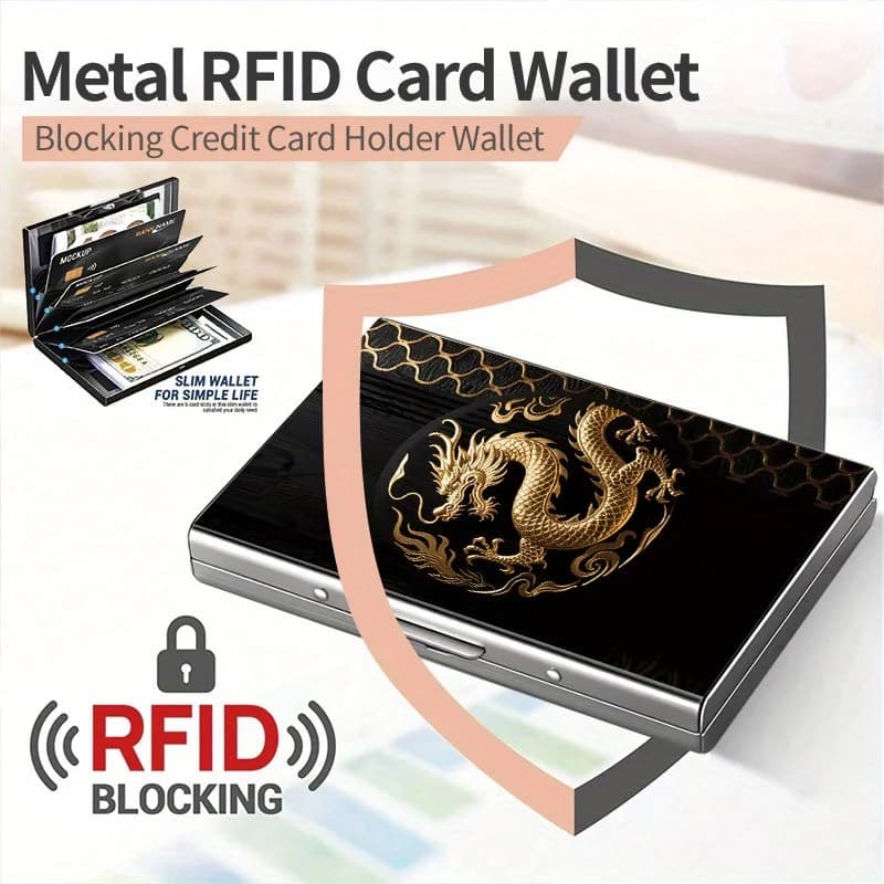 Borsa per carte antifurto RFID in acciaio inossidabile di fascia alta con motivo Golden Dragon Xiangyun per uomo - Portafoglio in metallo alla moda