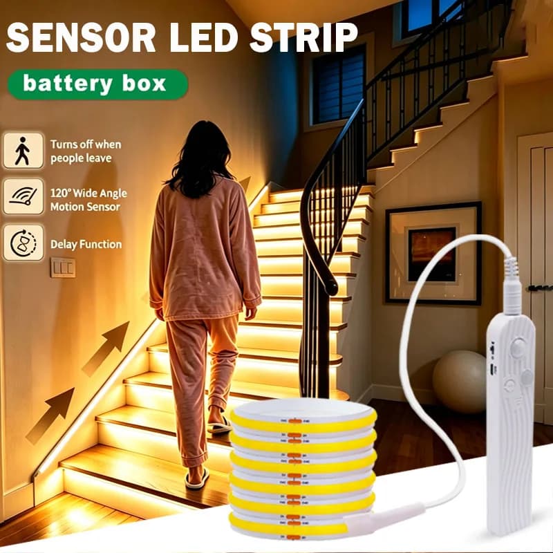 Motion Sensor COB Led Strip Light 5V 8MM Flexible LED Tape Battery Powered 320LEDs/M Induction Night Light For Stair Kitchen
