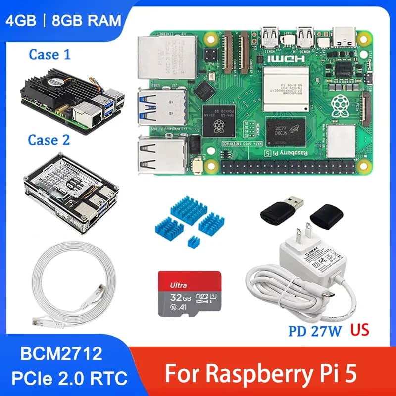 Raspberry Pi 5 4G 8G RAM BCM2712 Cortex-A76 2.4GHz VideoCore VII LPDDR4X-4267 with Optional Homes and Power Supply for Raspberry Pi 5