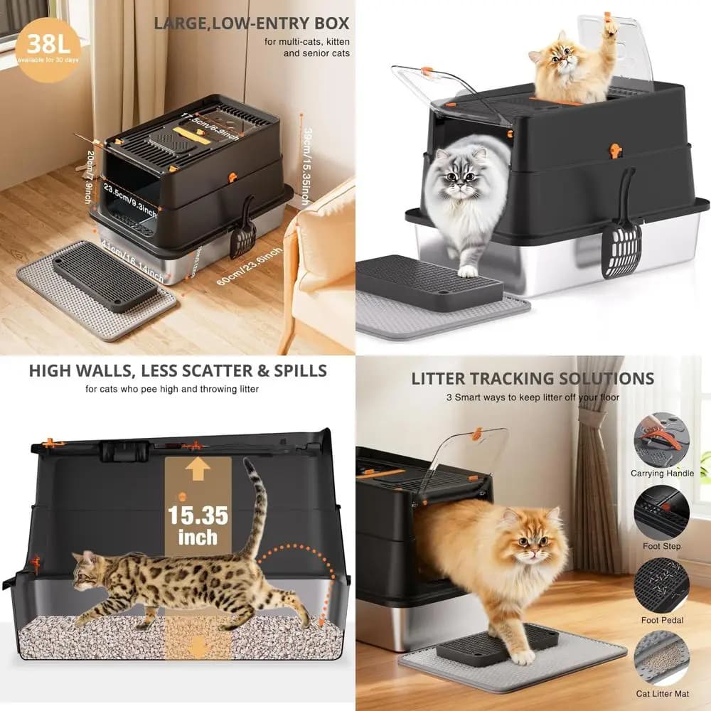 Lettiera per Gatti Extra Large Chiusa con Coperchio, Design in Metallo a Bordi Alti, Facile da Pulire, Ingresso dall'Alto, Include Paletta, Tappetino, Spazzola e Filtro
