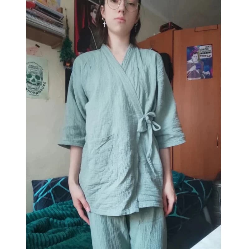 Men and Women 100% Cotton Pajamas Plus Size Loose Bathrobes V-Neck Kimono Pijama Mujer Three Quarter Sleepwear Couple Loungewear