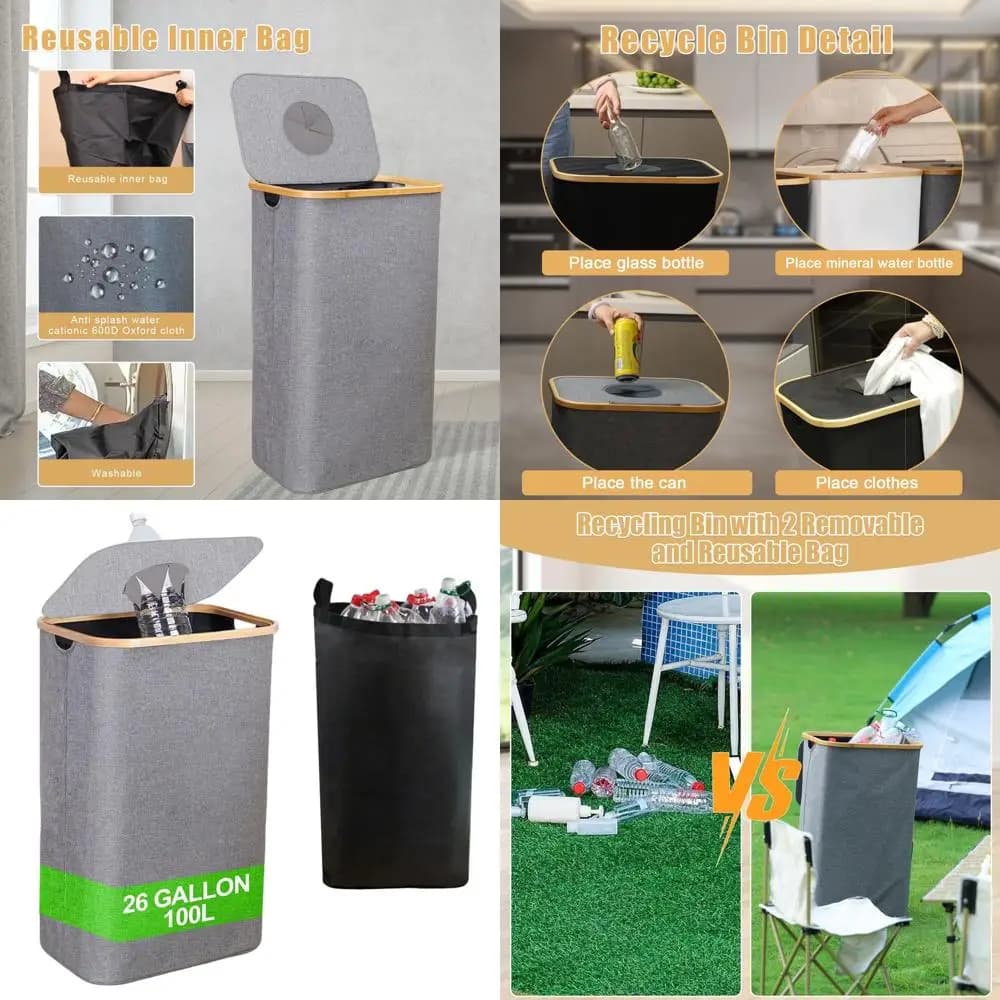 Bidone per rifiuti da cucina da 100 litri con coperchio e rivestimenti riutilizzabili per il riciclaggio di bottiglie, lattine e plastica (grigio)