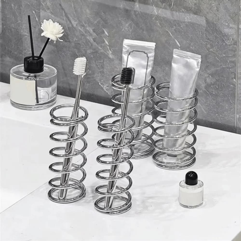 Stainless Steel Spring Shaped Toothbrush Holder Hollow Silver Makeup Brush Storage Rack Space Saving Toothbrush Rack Desktop