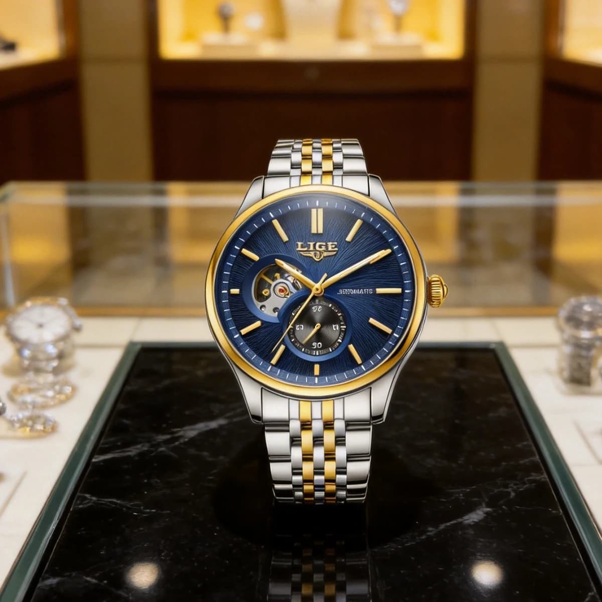 Orologio Automatico da Uomo LIGE con Quadrante Blu, Cinturino in Acciaio Inossidabile, Orologio da Polso Casual Elegante, Resistente all'Acqua 30M, Orologio alla Moda