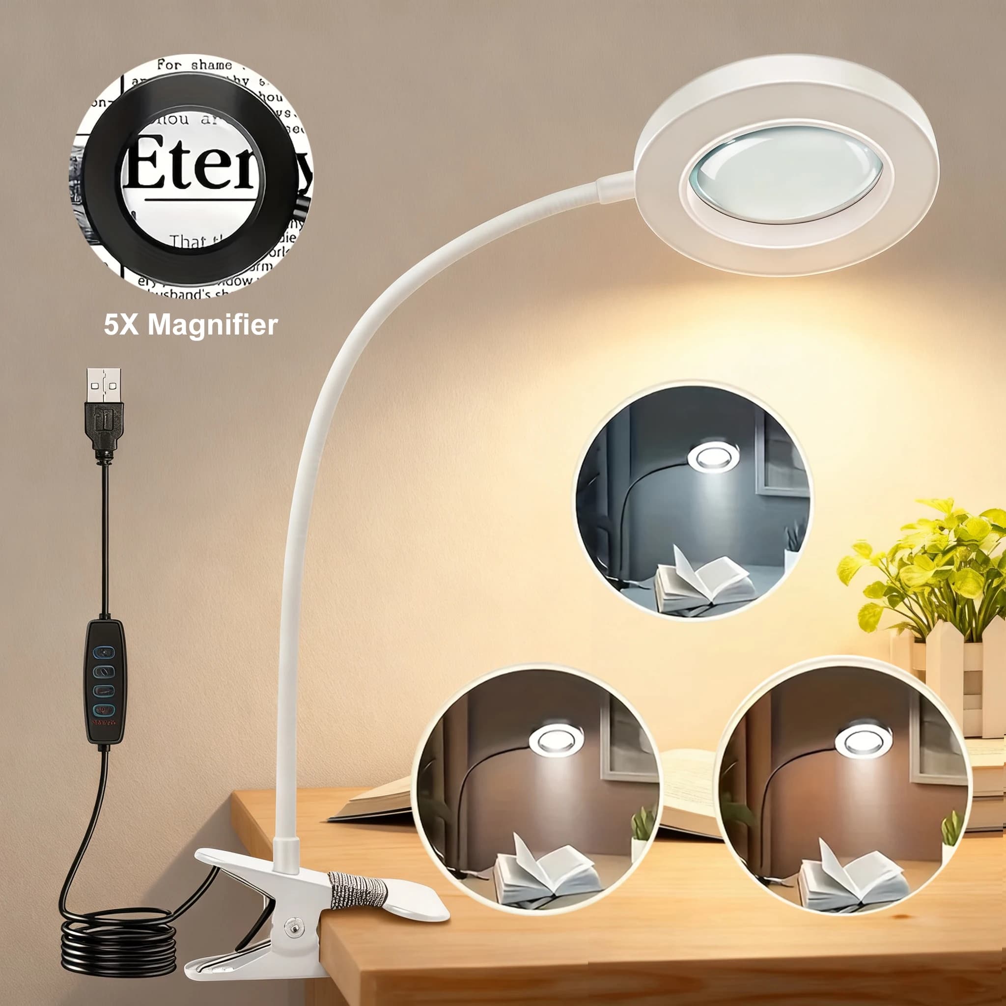 LED Clip On Desk Lamp 5X Magnifying 3 Colors 10 Brightness 360° Gooseneck Eye-Care Reading Light for Student Dorm Office Bed