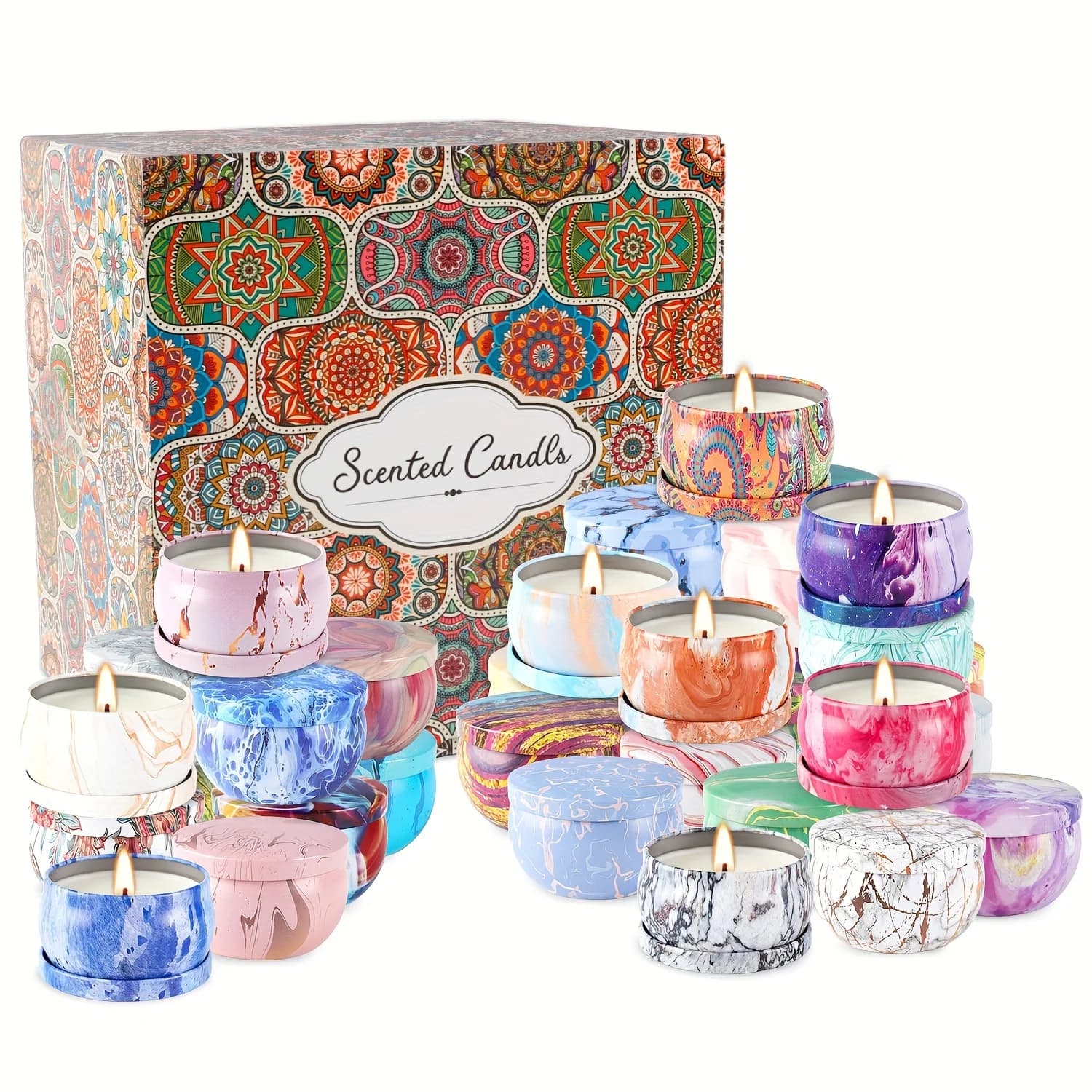 Confezione da 36 Candele Profumate Colori Misti - Stile Effetto Marmo
