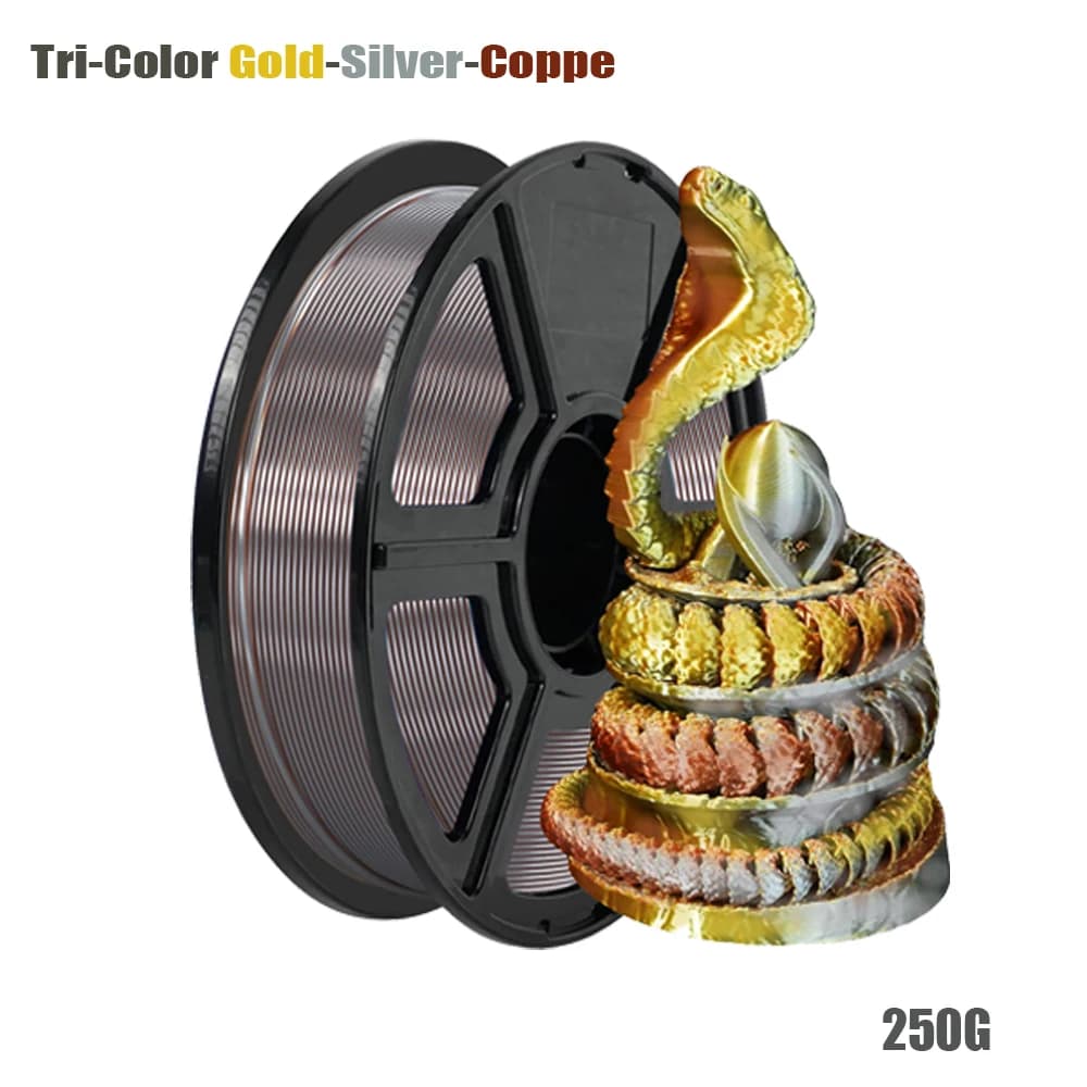 Silk tricolor PLA thread, 3D printer filament 1,75 mm, -0,03 mm, 250 g/roll, PLA of gold/silver/black/black