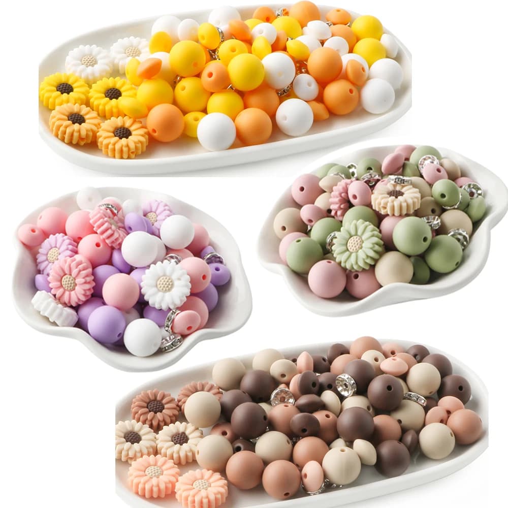 1 set di perline rotonde in silicone colorato con girasole, combinazione di perline rotonde per gioielli fai da te, bracciale, collana, portachiavi, tenda, corda, accessori
