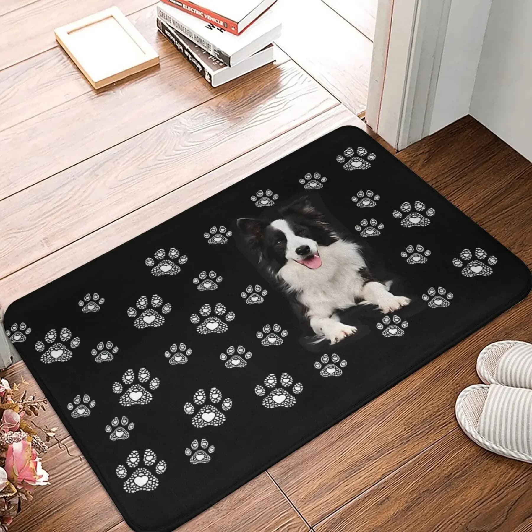 1 pezzo, stampa della zampa Border Collie, zerbino in poliestere antiscivolo, tappetino da bagno rettangolare, tappeto leggero per la decorazione della casa