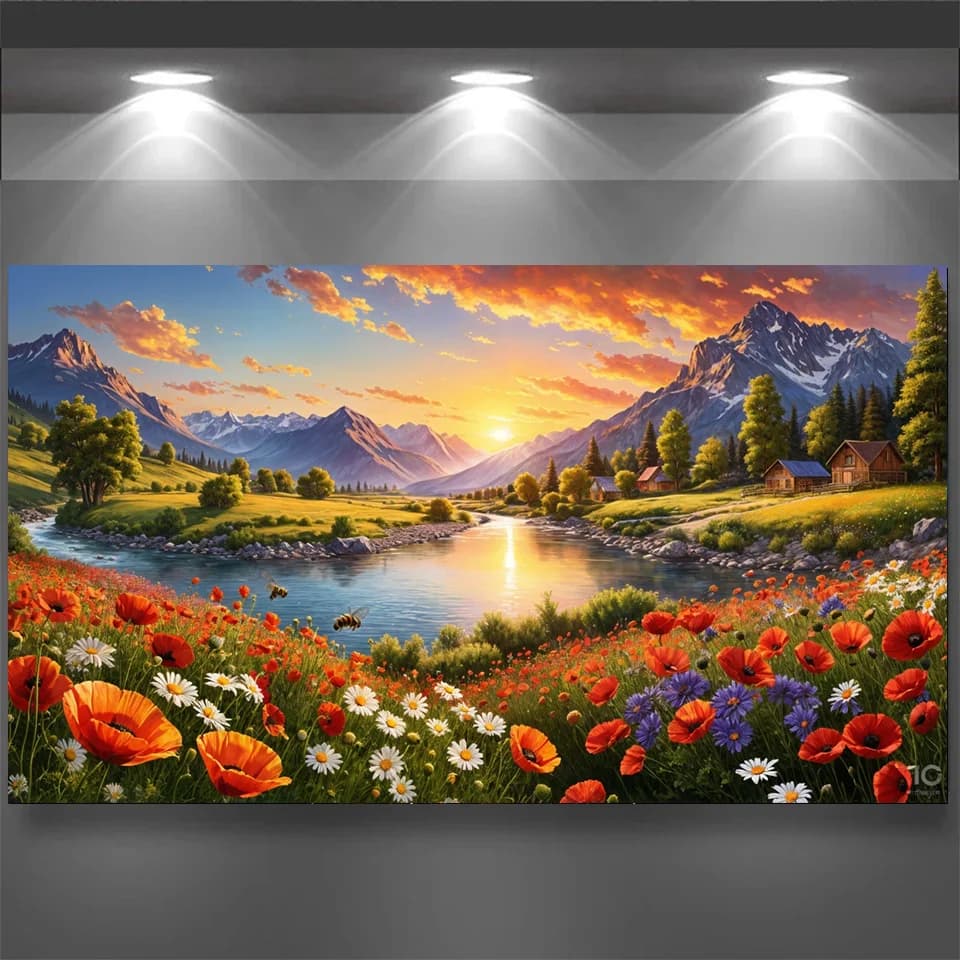 Serene Sunset Over Colorful Flower Fields Diamond Painting Full Square round Diamond Mosaic DIY Jewelry Cross Stitch Home Decor